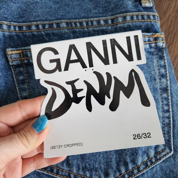 Ganni Betzy Mid Blue Stone High‎ Rise Slim Flare Crop Jean 26/32 NWT $195 - Picture 9 of 9